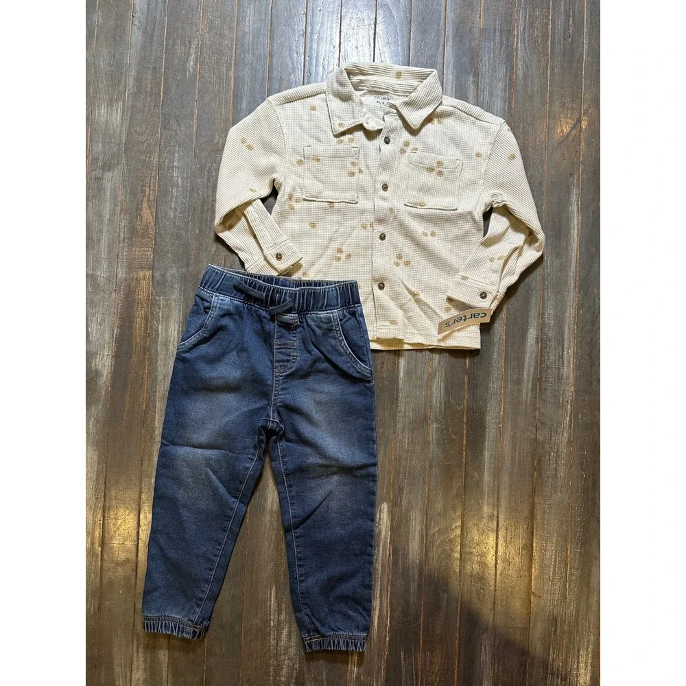Carters Toddler Boys 2 Piece Waffle Knit Shirt and Denim Jogger Set